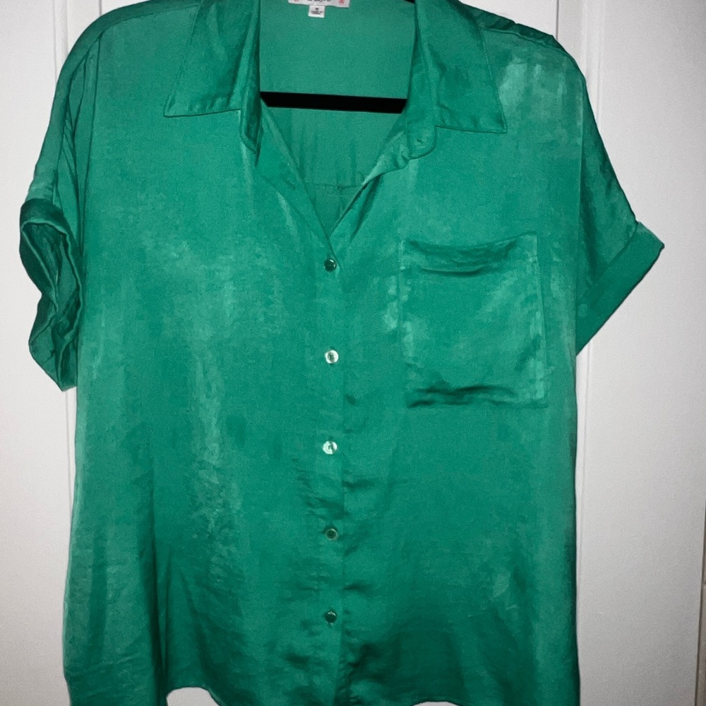 Green Satin Button-Up Shirt